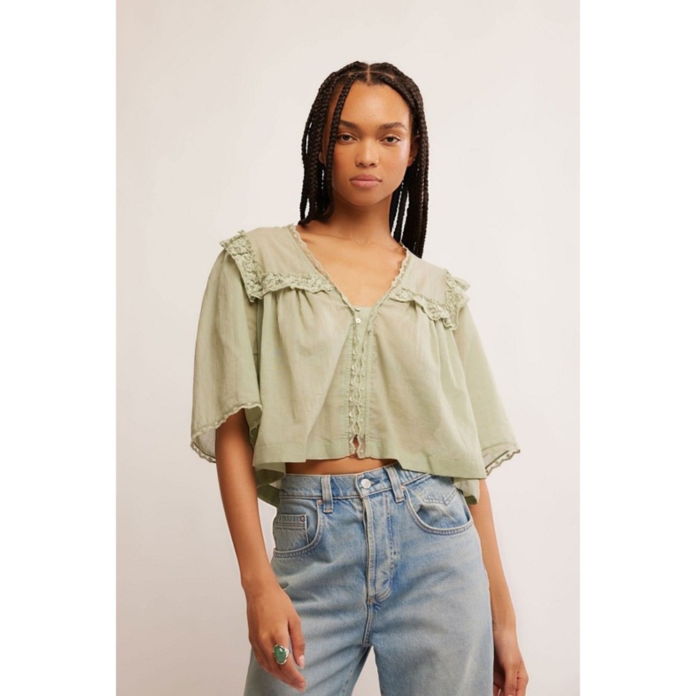 Free People Luna Lace Ruffle Gauze Blouse Small